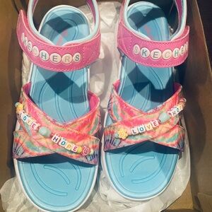 Skechers Kids Pink Tie-Dye Beaded Sandals with Light Blue Footbed